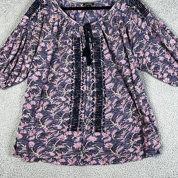 Lucky Brand Women XL Purple Pink Floral Embroidered Linen Blend Keyhole Peasant - Picture 1 of 10